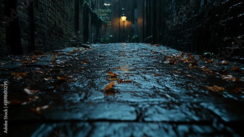 Mysterious rainy alley background with wet cobblestones and autumn leaves under lamplight Perfect for cinematic mystery intros or film noir scenes