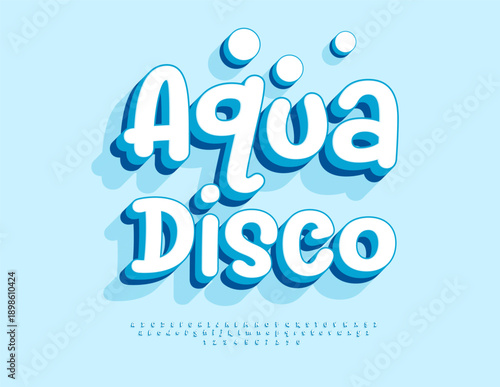 Vector Festive invitation Aqua Disco. Joyful White 3D Font. Playful Alphabet Letters and Numbers set.