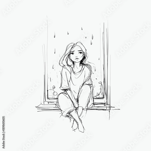 Melancholy Woman by Rainy Window