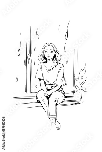 Melancholy Woman by Rainy Window