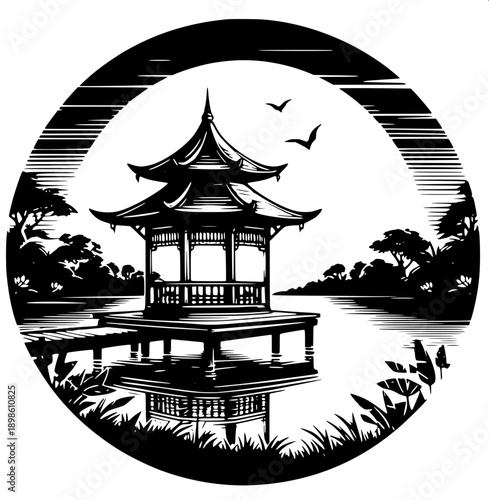 Minimal black silhouette Japanese pagoda temple with bonsai tree and rocks, flat vector, white background
