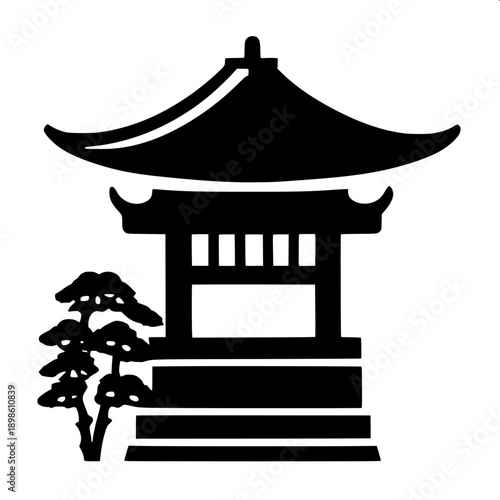 Minimal black silhouette Japanese pagoda temple with bonsai tree and rocks, flat vector, white background