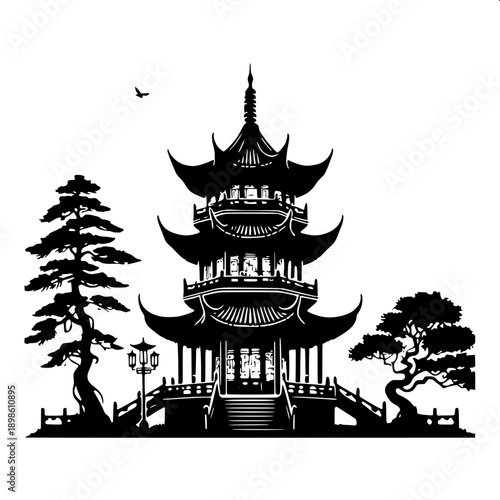 Minimal black silhouette Japanese pagoda temple with bonsai tree and rocks, flat vector, white background