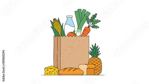 Brown paper grocery bag filled with fresh produce including corn, milk, leeks, carrots, pineapple, and bread on white background.