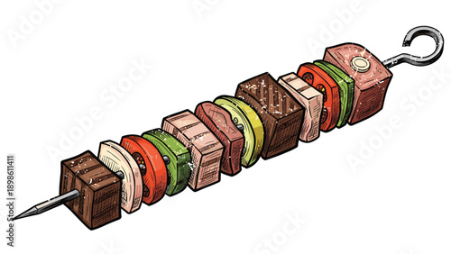 Delicious food skewer with grilled meat, tomatoes, peppers, onions, and zucchini on a metal rod with a rustic drawing style.