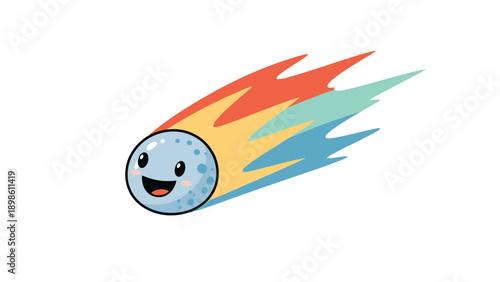 Cute cartoon comet or asteroid character with a smiling face and a colorful tail of red, orange, and blue trailing behind.