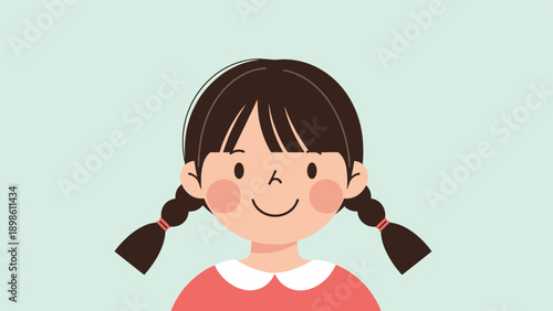 Portrait of a cheerful young girl with brown hair in pigtails wearing a red shirt with a white collar on a green background.