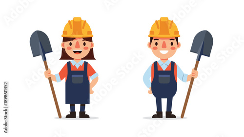 Professional male and female construction workers wearing hard hats and blue overalls holding shovels on a white background.