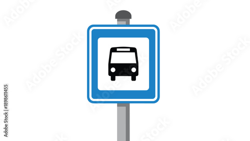 Bus stop sign icon featuring a black bus symbol inside a blue and white square frame on a grey pole on a white background.