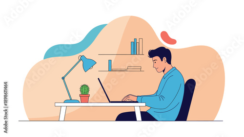 Professional man working remotely on a laptop at a home office desk with a lamp, books, and a small cactus plant.