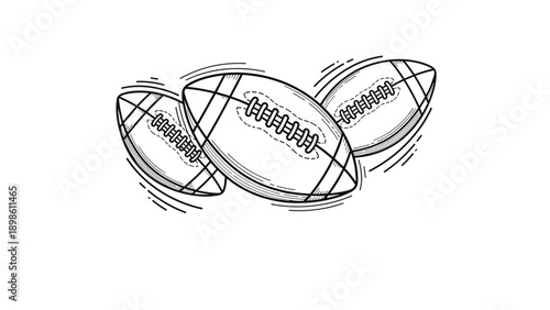 Set of three American footballs sketched in black ink with dynamic motion lines to suggest movement and action in a sport.