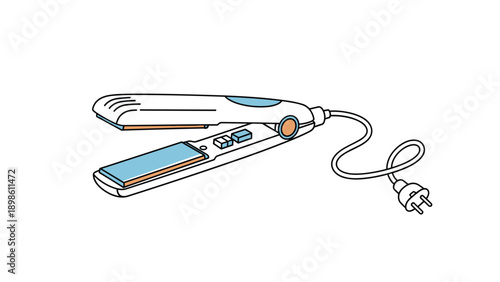 Electric hair straightener or flat iron beauty tool with a cord and plug shown in a clean simple illustration style.