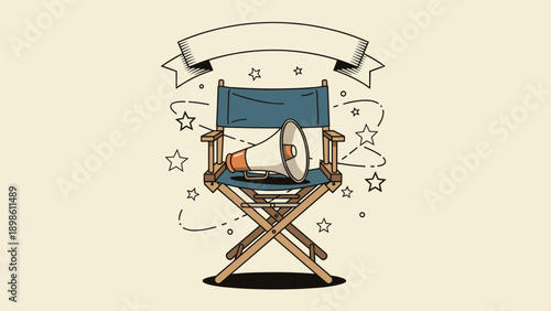 Film director's chair with a megaphone, stars, and a blank ribbon banner for custom text in a retro illustration style.