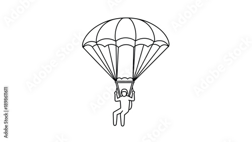 Simple line drawing shows a skydiver falling through the air with an open parachute representing adventure, extreme sports, and outdoor fun.