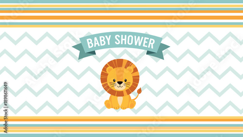 Baby shower announcement card for a boy features a cute lion cub against a blue and yellow chevron background with a ribbon banner.