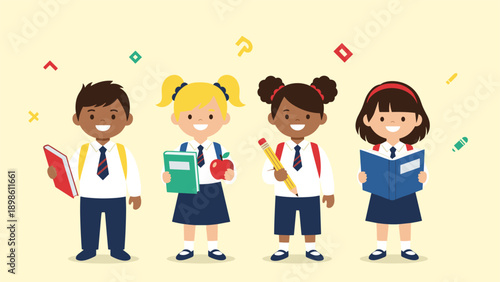 Four diverse elementary school students in uniform stand together holding books and supplies to promote education and learning for all.
