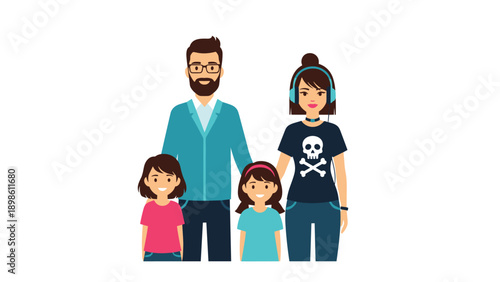 Modern family portrait shows a father, mother, and two daughters standing together to represent a loving and supportive domestic lifestyle.