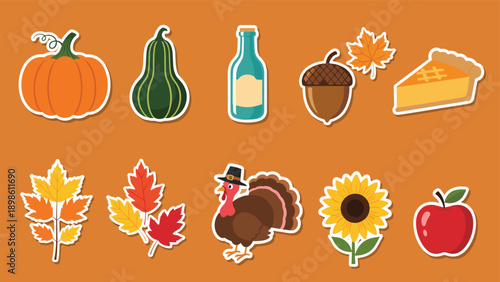 Thanksgiving sticker set features seasonal icons like a pumpkin, turkey, autumn leaves, and a slice of pie for festive decorations and crafts.