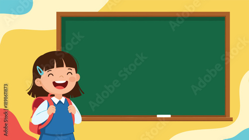 Cheerful young schoolgirl with a red backpack laughing in front of a large green chalkboard for education and back to school designs.