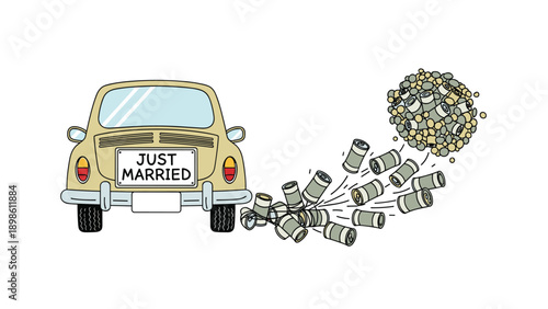 Vintage style cream colored car with a Just Married sign pulling a trail of metal cans for a wedding celebration tradition.