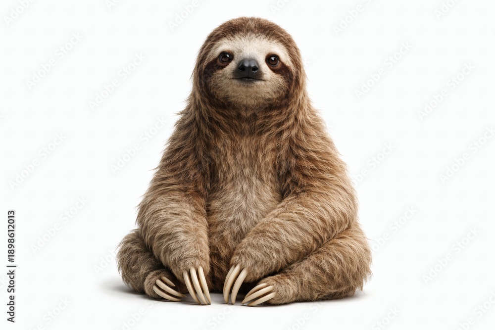 Naklejka premium Sloth Sitting Upright Isolated on White Background, Natural Pose, Calm Gaze, Premium Wildlife Stock Photo