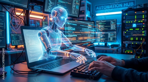 AI assistant robot emerging from laptop display, helping user write code, fast-moving data streaks, advanced automation workflow