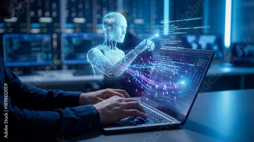 human typing on keyboard with holographic AI agent analyzing data beside screen, digital interface overlays