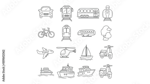 Vehicular Variety Illustration: A collection of various modes of transportation in a simple illustrative style, perfect for concepts related to travel and movement.