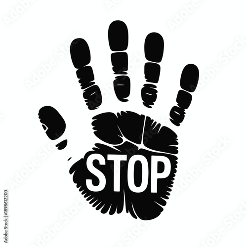 A black handprint with the word "STOP" in white on a white background, symbolizing a halt or warning.