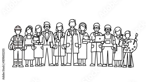 Diverse group of professionals standing together, representing various careers and unity