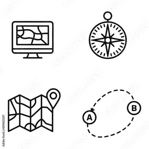 Navigation icons with map computer monitor compass location pin route icon