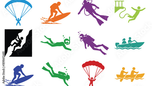 A collection of colorful adventure sports icons on a white background
