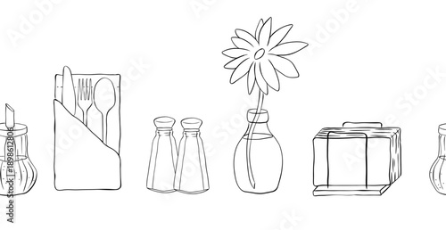 Cafe interior salt pepper fork napkin horizontal seamless border. hand drawn illustration. Vector graphic line ink Black, white art. For poster, flyer, banner, invitation, social media, party or sale