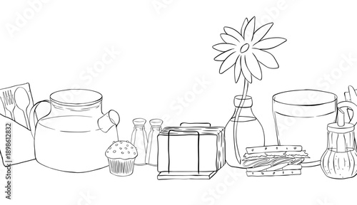 cafe interior horizontal seamless border. hand drawn illustration. Vector graphic line ink Black, white art. for cafe and restaurant interiors, menus, packaging, and product branding.