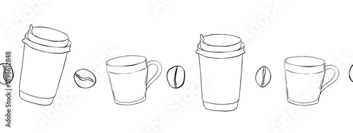Coffee takeaway, mug, beans horizontal seamless border. hand drawn illustration. Vector graphic line ink Black, white art. pattern. for cafe menu, shop For logo, web, package, sticker.