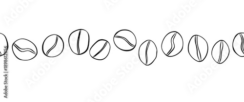 coffee symbol beans horizontal seamless border. hand drawn illustration. Vector graphic line ink Black, white art. For organic product packaging, culinary branding, herbal labels,