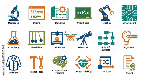 Collection of sixteen science technology engineering art and mathematics subject icons representing education research innovation and development concepts on transparent background