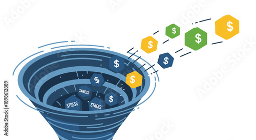 Financial Conversion Funnel Vector Illustration: Transforming Stress and Business Challenges into Revenue Flow and Optimization
