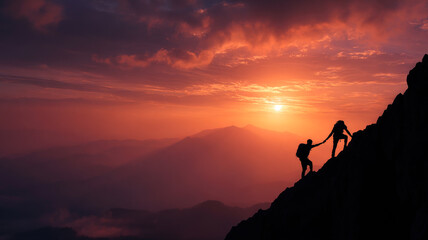 Help and assistance concept. Silhouettes of two people climbing on mountain peak and helping.