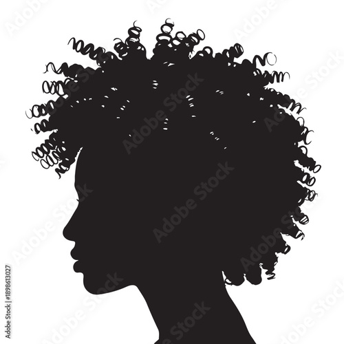 Black Woman Silhouette with Curly Afro Hair Isolated on White