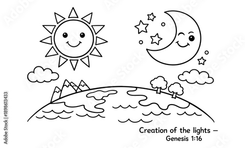 Cute cartoon sun and moon with stars over the earth, representing creation