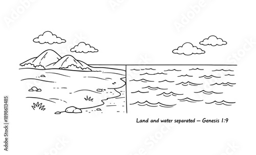 Genesis creation scene depicting land and water separation with mountains and clouds