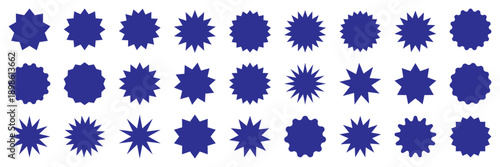 Collection of dark blue starburst labels isolated on a transparent background. Circular sticker set with wavy-edge promo badges, price tags, blank sale stickers for retail, discounts special offers.
