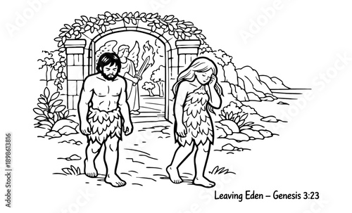 Adam and Eve expelled from Eden by an angel with a flaming sword