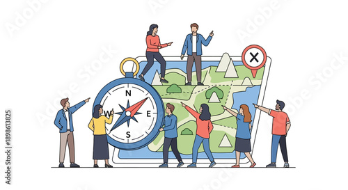 Business Team Strategy and Direction Finding. Group of People Using Map and Compass for Planning, Goal Setting, and Navigation to Locate Destination or Success.