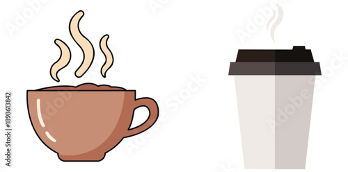 A graphic illustration of a steaming hot cup of coffee and a disposable coffee cup