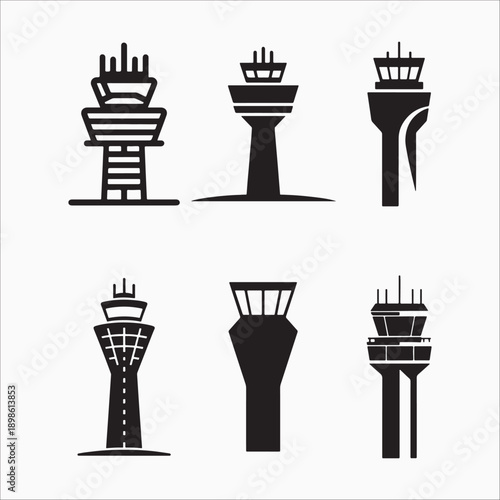 Air Traffic Control Tower Icons Set silhouette : Modern and Classic Designs for Aviation