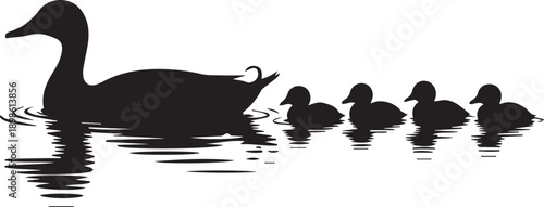 Silhouette of duck with four ducklings swimming in water with ripples symbolizing family and protection