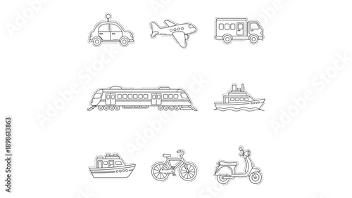 Transportation Line-up: A comprehensive assortment of transport vehicles, artfully illustrated, perfect for educational resources, creative projects, or design needs.