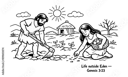 Adam and Eve work the land outside the Garden of Eden, symbolizing hardship and sustenance